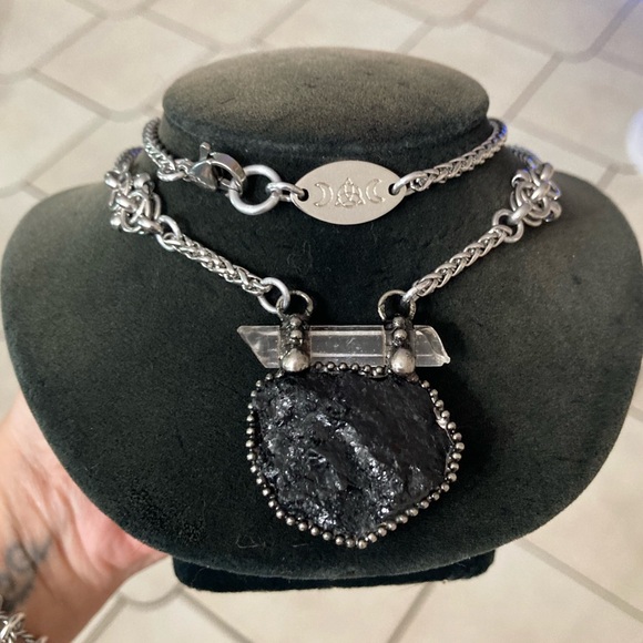 Natural black tourmaline & clear crystal quartz charm boho goth maille necklace - Picture 13 of 13